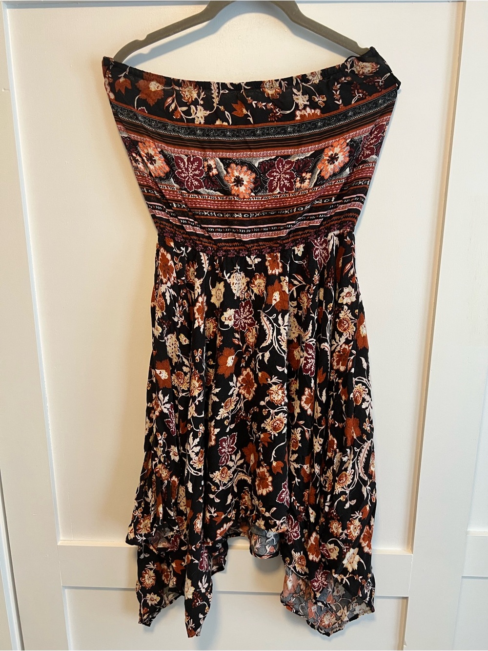Alya Floral Boho Strapless Dress in Black, Rust & Cream